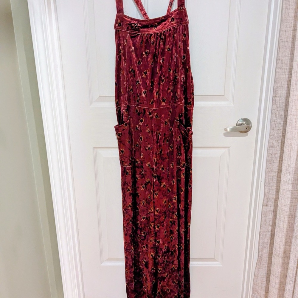 Natural Life Burgundy Velvet Floral Jumpsuit